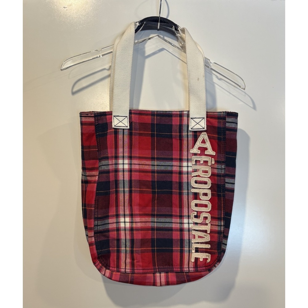 Aeropostale Y2K Red Plaid Tote Bag Embroidered Logo Canvas Straps Y2K Style